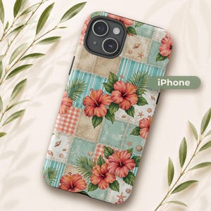 Patchwork Hibiscus Floral Case for iPhone 17, 16, 15, 14, Tropical Coral Teal Design