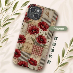 Patchwork vallmoblommigt iPhone 18 17 16 15 14-skal, lantlig röd krämfärgad design