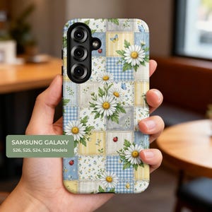 Patchwork Daisy Floral Case for Samsung Galaxy S26, S25, S24, S23, Blue Yellow Design
