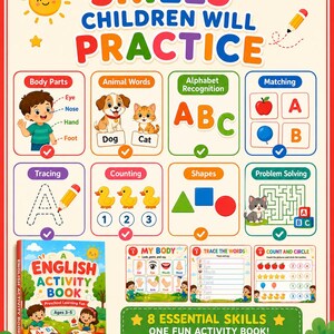 K&ouml;nnte beinhalten: Ein farbenfrohes Lernposter mit dem Titel SKILLS CHILDREN WILL PRACTICE, das Bereiche f&uuml;r K&ouml;rperteile, Tierw&ouml;rter, Alphabetisierung, Zuordnen, Nachzeichnen, Z&auml;hlen, Formen und Probleml&ouml;sung sowie ein englisches &Uuml;bungsbuch zeigt.