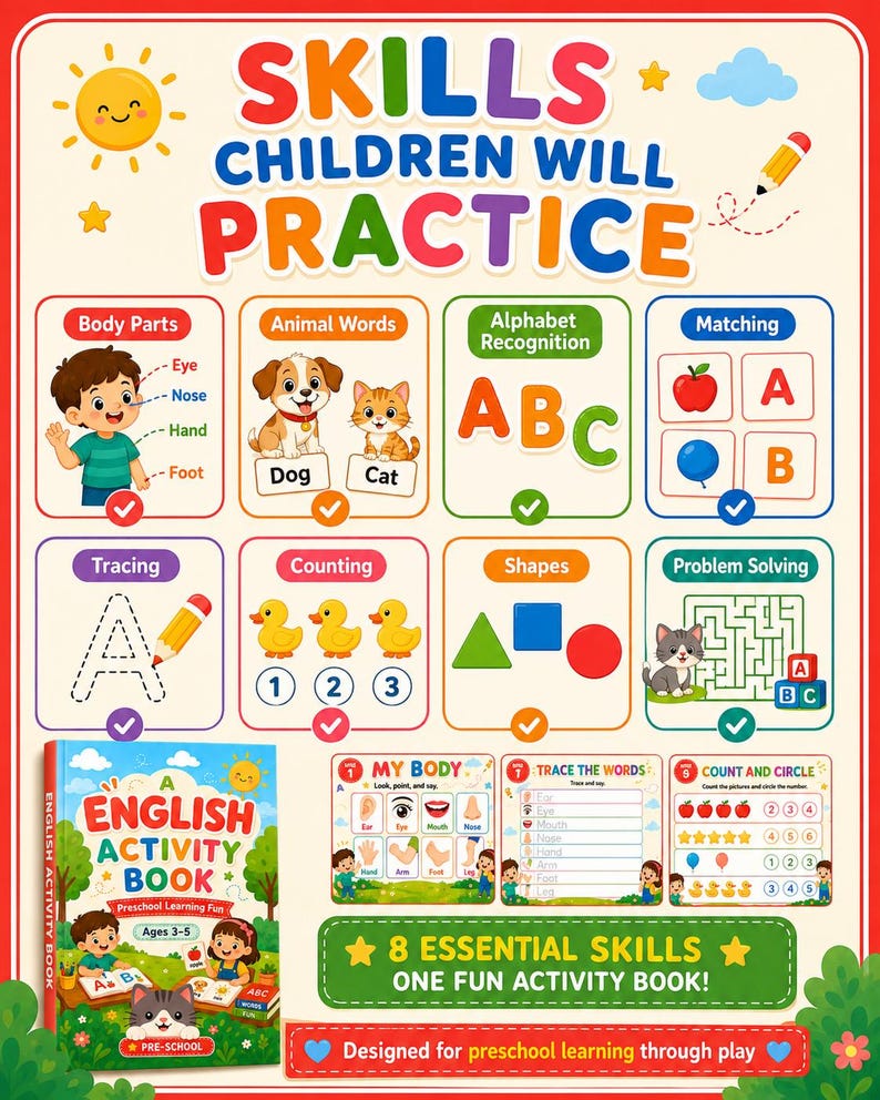 K&ouml;nnte beinhalten: Ein farbenfrohes Lernposter mit dem Titel SKILLS CHILDREN WILL PRACTICE, das Bereiche f&uuml;r K&ouml;rperteile, Tierw&ouml;rter, Alphabetisierung, Zuordnen, Nachzeichnen, Z&auml;hlen, Formen und Probleml&ouml;sung sowie ein englisches &Uuml;bungsbuch zeigt.