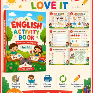 K&ouml;nnte beinhalten: Ein englisches Aktivit&auml;tsbuch f&uuml;r Kinder von 3-5 Jahren mit bunten Illustrationen von Kindern und einer Katze. Das Cover zeigt den Titel A English Activity Book und Preschool Learning Fun. Enth&auml;lt &Uuml;bungen zu K&ouml;rperteilen, Tieren und Z&auml;hlen.