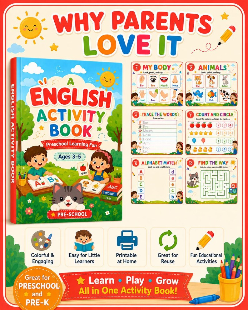 K&ouml;nnte beinhalten: Ein englisches Aktivit&auml;tsbuch f&uuml;r Kinder von 3-5 Jahren mit bunten Illustrationen von Kindern und einer Katze. Das Cover zeigt den Titel A English Activity Book und Preschool Learning Fun. Enth&auml;lt &Uuml;bungen zu K&ouml;rperteilen, Tieren und Z&auml;hlen.