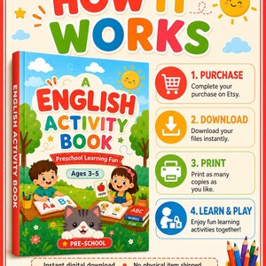 Printable English activity book for preschool kids ages 3-5 with how it works guide, instant digital download, print at home, and learn through fun activities.