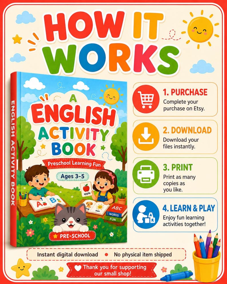 Printable English activity book for preschool kids ages 3-5 with how it works guide, instant digital download, print at home, and learn through fun activities.