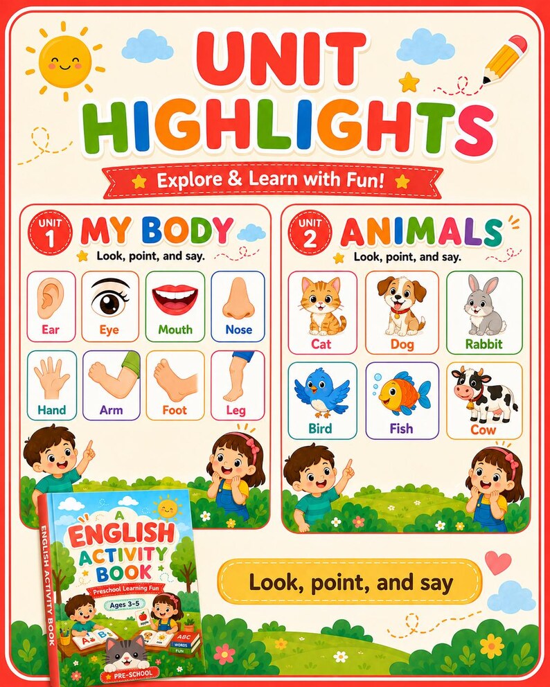 K&ouml;nnte beinhalten: Ein Lernposter mit dem Titel UNIT HIGHLIGHTS, das zwei Abschnitte enth&auml;lt: Unit 1 My Body mit Abbildungen von K&ouml;rperteilen und Unit 2 Animals mit Tierillustrationen. Unten ist ein kleines englisches Aktivit&auml;tsbuch f&uuml;r 3- bis 5-J&auml;hrige abgebildet.