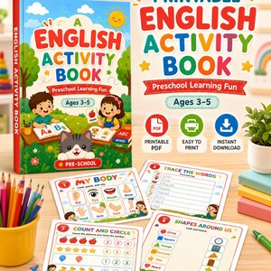 K&ouml;nnte beinhalten: Ein druckbares Englisch-Aktivit&auml;tenbuch f&uuml;r 3- bis 5-J&auml;hrige mit einem bunten Cover, das Kinder, eine Katze und Lernmotive zeigt. Enth&auml;lt mehrere Arbeitsbl&auml;tter mit &Uuml;bungen zu K&ouml;rperteilen, Wortschreiben, Z&auml;hlen und Formen.