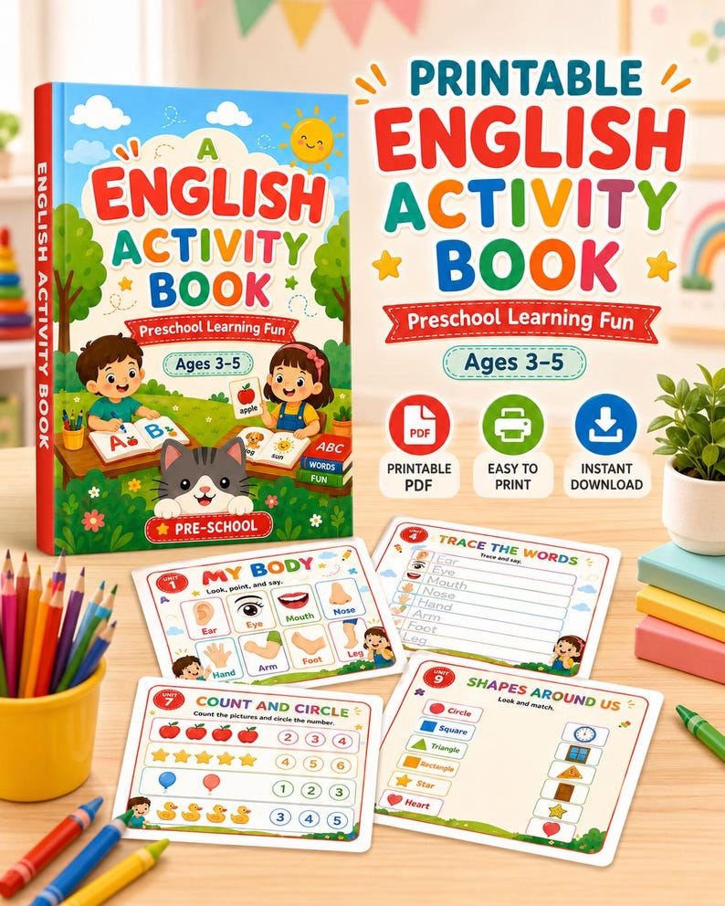 K&ouml;nnte beinhalten: Ein druckbares Englisch-Aktivit&auml;tenbuch f&uuml;r 3- bis 5-J&auml;hrige mit einem bunten Cover, das Kinder, eine Katze und Lernmotive zeigt. Enth&auml;lt mehrere Arbeitsbl&auml;tter mit &Uuml;bungen zu K&ouml;rperteilen, Wortschreiben, Z&auml;hlen und Formen.