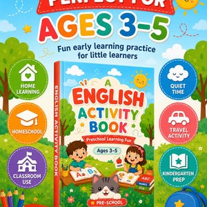 K&ouml;nnte beinhalten: Ein englisches Aktivit&auml;tsbuch f&uuml;r 3- bis 5-J&auml;hrige mit einem Jungen und einem M&auml;dchen, die mit einer Katze an einem Schreibtisch lernen. Das Cover zeigt den Text A English Activity Book, Preschool Learning Fun und Lernsymbole.
