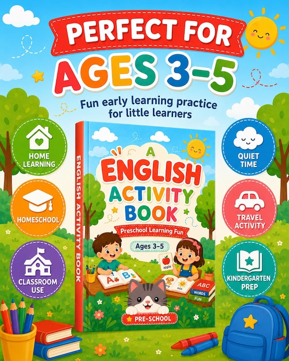 English Activity Book for Preschool Kids | Printable Learning Workbook PDF | ABC Worksheets Ages 3-5