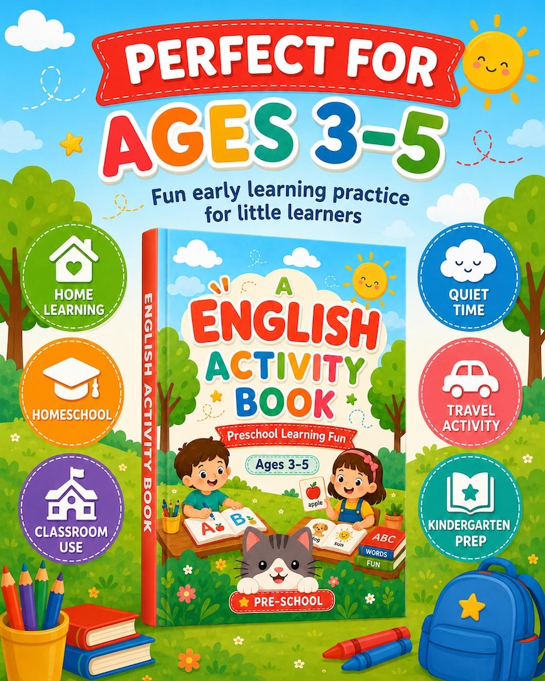 K&ouml;nnte beinhalten: Ein englisches Aktivit&auml;tsbuch f&uuml;r 3- bis 5-J&auml;hrige mit einem Jungen und einem M&auml;dchen, die mit einer Katze an einem Schreibtisch lernen. Das Cover zeigt den Text A English Activity Book, Preschool Learning Fun und Lernsymbole.