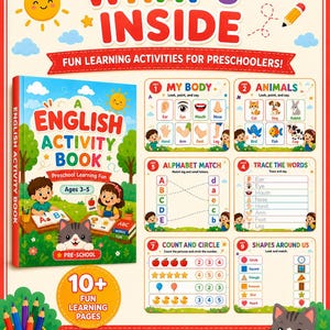 K&ouml;nnte beinhalten: Ein englisches Aktivit&auml;tsbuch f&uuml;r Vorschulkinder im Alter von 3 bis 5 Jahren mit einem Cover, das Kinder und eine Katze zeigt. Die Innenseiten enthalten Lerneinheiten zu K&ouml;rperteilen, Tieren, Alphabet, Wortnachspuren, Z&auml;hlen und Formen mit Illustrationen.