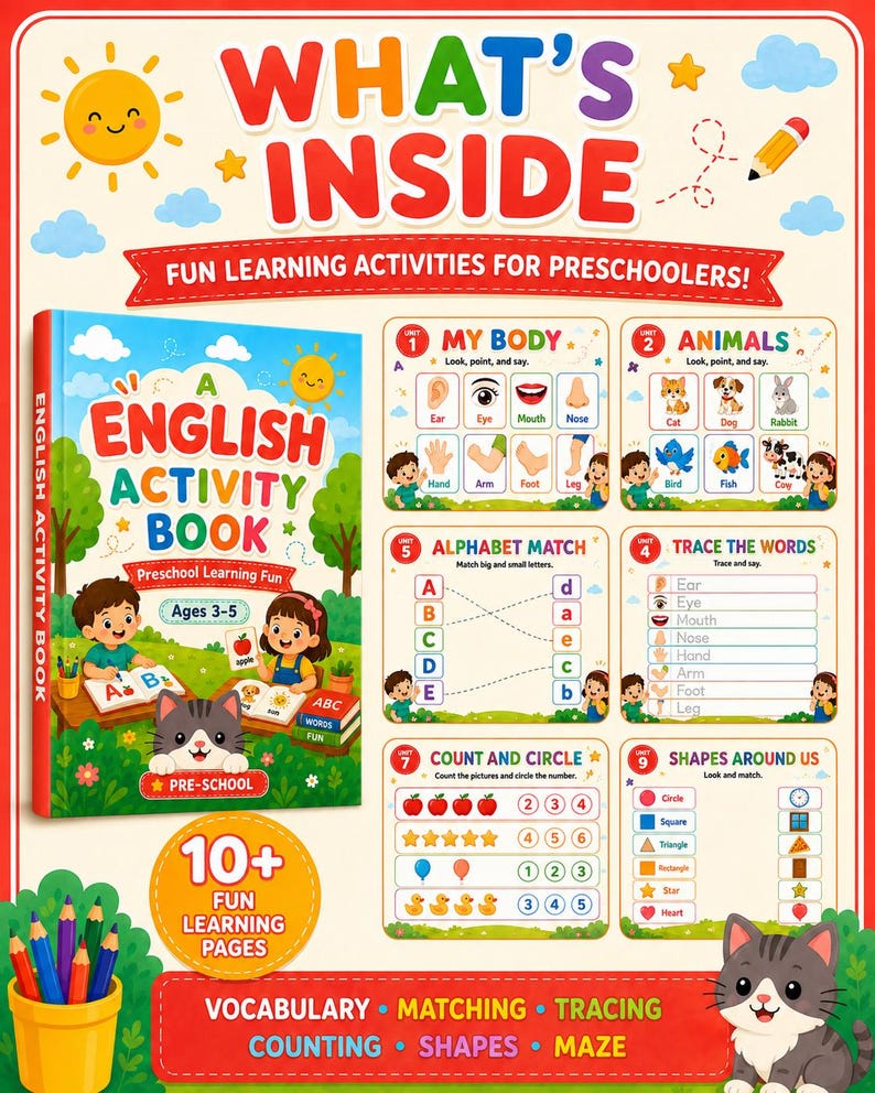 K&ouml;nnte beinhalten: Ein englisches Aktivit&auml;tsbuch f&uuml;r Vorschulkinder im Alter von 3 bis 5 Jahren mit einem Cover, das Kinder und eine Katze zeigt. Die Innenseiten enthalten Lerneinheiten zu K&ouml;rperteilen, Tieren, Alphabet, Wortnachspuren, Z&auml;hlen und Formen mit Illustrationen.