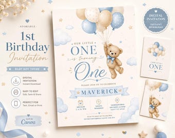 Einladungsvorlage zum ersten Geburtstag mit Teddybär-Motiv, bearbeitbare Canva-Vorlage für eine Babyparty für Jungen