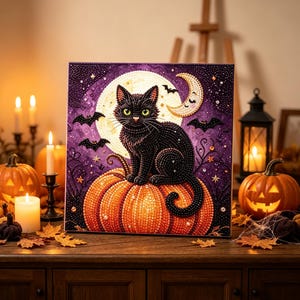 Puede incluir: Un kit de pintura de diamantes cuadrado que muestra un gato negro con ojos verdes sentado sobre una gran calabaza naranja. El fondo presenta una luna llena, una luna creciente y pequeños murciélagos sobre un cielo de color púrpura.