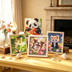 Puede incluir: Cuatro cuadros de diamond painting enmarcados que muestran un panda comiendo sandía, un gatito entre hojas verdes, un perro entre flores rosas y un panda rojo en un entorno floral. Cada obra cuadrada está en un marco de madera clara.