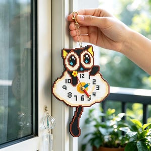 May include: A pixel art style wall clock shaped like a cat with large eyes and a long tail. The clock face is white with black numbers and features a small yellow flower accent. The clock hands are red and blue, and it includes a gold metal chain.