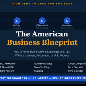 Könnte beinhalten: Eine digitale Infografik mit dem Titel The American Business Blueprint, die einen Sieben-Tage-Zeitplan von null bis zur Geschäftseröffnung zeigt. Sie skizziert Schritte zur LLC-Gründung, EIN und Bankkonten sowie einen PDF-Download mit 10 Kapiteln.