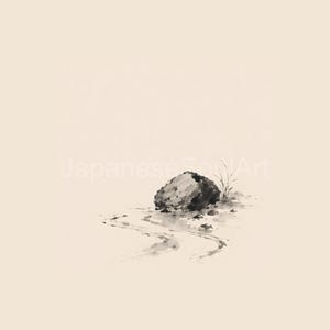 Zen Stone Wall Art, Reflection Ink Painting, Sumi-e River Stone Print, Raw Minimalist Japandi Digital Download