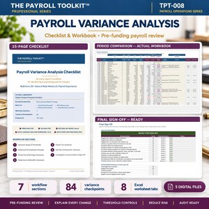 Può includere: Il Payroll Toolkit TPT-008 Payroll Operations Series include una lista di controllo per l'analisi della varianza delle buste paga di 15 pagine, una cartella di lavoro per il confronto dei periodi e un foglio di firma finale. Contiene 7 sezioni di flusso di lavoro, 84 punti di controllo, 8 schede Excel e 5 file digitali.