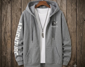 Men's Full Zip Hoodie Grey Fleece Jacket, Adventure Sleeve Print Sweatshirt, Custom Graphic Zip Up Hooded Outerwear, Gift for Him
