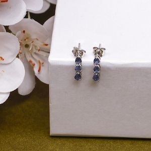 Genuine Blue Sapphire 10K Gold Earrings - Solitaire Gemstone Ear Hoops, Solid Gold Earrings , Fine Fashion, Vintage Jewelry, Gifts For Her