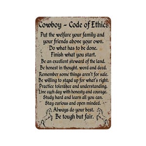 Cowboy Code Of Ethics Print Aluminum Sign Wall Art Waterproof Rustproof Poster Hanging Painting Plaque Wall Decor for Home