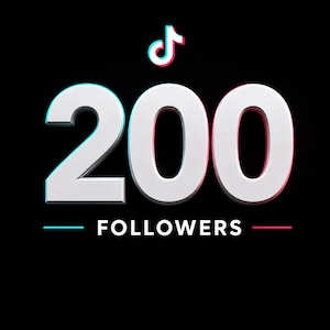 Könnte beinhalten: Ein Grafikdesign auf schwarzem Hintergrund mit der weißen Zahl 200, die cyan- und magentafarbene chromatische Aberrationseffekte aufweist. Über der Zahl befindet sich das TikTok-Logo und darunter der weiße Text FOLLOWERS, flankiert von cyan- und magentafarbenen Linien.
