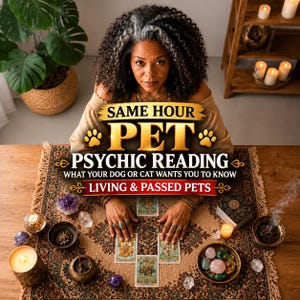 May include: A person with curly dark hair with grey highlights sits at a wooden table with a patterned cloth, tarot cards, crystals, and candles. The text reads: SAME HOUR PET PSYCHIC READING WHAT YOUR DOG OR CAT WANTS YOU TO KNOW LIVING & PASSED PETS.