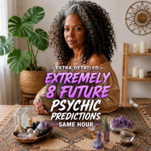 May include: A person with curly gray hair wearing a tan off-the-shoulder top, sitting at a table with crystals, a crystal ball, and tarot cards. Text on the image reads: EXTRA DETAILED EXTREMELY 8 FUTURE PSYCHIC PREDICTIONS SAME HOUR.