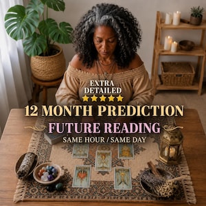 May include: A person with curly hair sits at a table with a patterned cloth, five tarot cards, a bowl of polished stones, a bundle of dried herbs, and a metal lantern. Text reads: EXTRA DETAILED, 12 MONTH PREDICTION, FUTURE READING, SAME HOUR / SAME DAY.