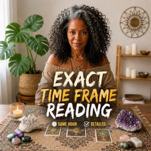 May include: A tarot card reading service titled EXACT TIME FRAME READING with the subtext SAME HOUR and DETAILED. The image features a person with curly dark hair, a beige off-shoulder top, tarot cards, crystals, and a lit candle on a patterned mat.