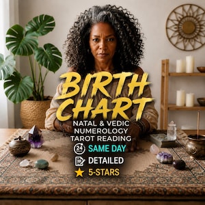 May include: A person with curly dark hair sits behind a table covered with a patterned cloth, crystals, and a small bowl. Text reads: BIRTH CHART, NATAL & VEDIC NUMEROLOGY, TAROT READING, 24 SAME DAY, DETAILED, 5-STARS. A plant and candles are visible.