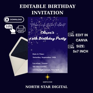 May include: An editable 5x7 inch birthday invitation template featuring a dark blue background with white text, sparkling star effects, and a soft cloud design. The invitation includes fields for date, time, and location, with icons for download and editing.