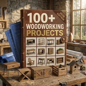May include: A brown leather-bound book titled 100+ Woodworking Projects 2026 Edition, featuring a grid of furniture illustrations. Surrounding the book are miniature wooden models including a table, a crate, and a birdhouse on a workbench.