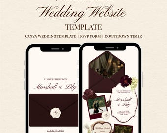Burgundy and Ivory Wedding Website Template Old Money with RSVP Countdown | Editable Canva Template