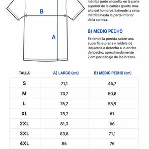 Puede incluir: Una gu&iacute;a de tallas para camisetas en blanco y negro con un dibujo lineal de una camiseta etiquetada con A para el largo y B para el ancho del pecho. Una tabla enumera las tallas de la S a la 5XL con medidas en cent&iacute;metros para cada una.