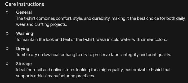 Puede incluir: Un gr&aacute;fico informativo negro con texto blanco titulado Care Instructions. Enumera cuatro secciones: General, Washing, Drying y Storage. El texto proporciona pautas para el mantenimiento de una camiseta, incluyendo el lavado en agua fr&iacute;a y el secado en secadora a baja temperatura.