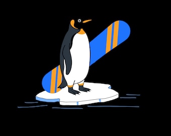Penguin Snowboard Shirt, Funny Animal Graphic Tee, Winter Casual Apparel, Cool Snowboarder Gift Idea