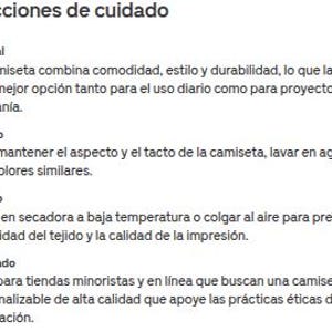 Puede incluir: Un documento de texto titulado Instrucciones de cuidado, que presenta cuatro secciones: General, Lavado, Secado y Guardado. El texto proporciona instrucciones para el mantenimiento de una camiseta, incluyendo lavado en agua fr&iacute;a y secado a baja temperatura.