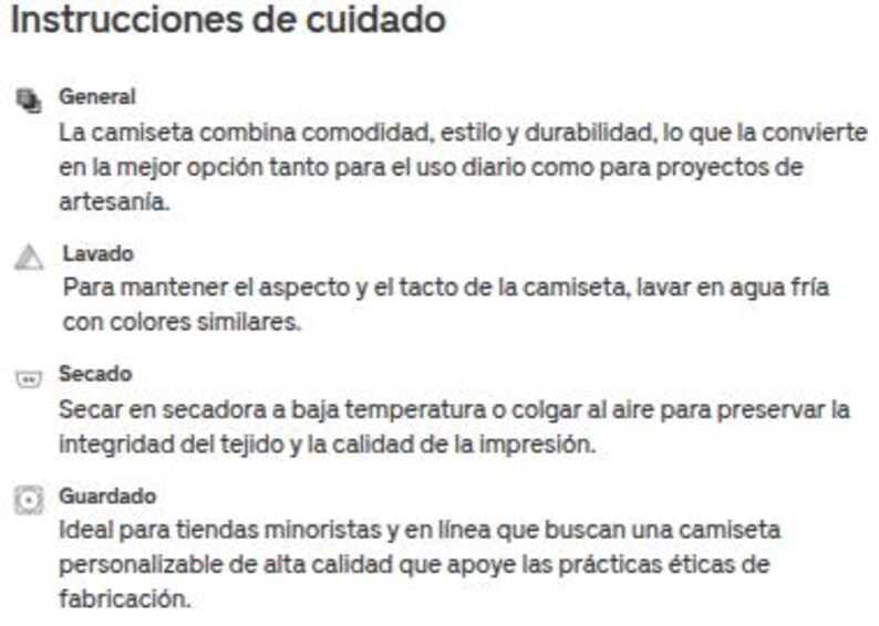 Puede incluir: Un documento de texto titulado Instrucciones de cuidado, que presenta cuatro secciones: General, Lavado, Secado y Guardado. El texto proporciona instrucciones para el mantenimiento de una camiseta, incluyendo lavado en agua fr&iacute;a y secado a baja temperatura.