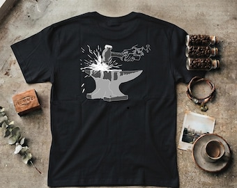 Black Blacksmith T Shirt, Anvil & Hammer, Industrial Workshop Tee, Metalworker Gift, Forging Apparel