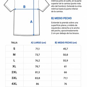 Puede incluir: Una gu&iacute;a de tallas para camisetas en blanco y negro con un dibujo lineal de una camiseta etiquetada con A para el largo y B para el ancho del pecho. Una tabla enumera las tallas de la S a la 5XL con medidas en cent&iacute;metros para cada una.