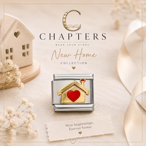 May include: A rectangular stainless steel charm featuring a gold-toned house icon with a red heart centre and a small red chimney. The text reads Chapters, Wear Your Story, New Home Collection, and New beginnings, forever home.