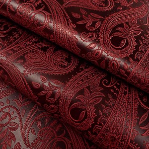 Puede incluir: Un material de color burdeos profundo con un patrón de cachemira en relieve. La superficie muestra un diseño intrincado y repetitivo de motivos en forma de lágrima y elementos florales, con la textura elevada creando contraste entre los tonos rojos.