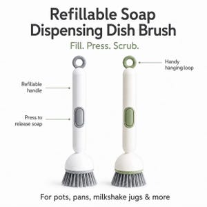 May include: Two refillable soap dispensing dish brushes with white handles and grey bristles. One brush has grey accents, the other has green accents. Text reads: Refillable Soap Dispensing Dish Brush, Fill. Press. Scrub., Handy hanging loop, Refillable handle, Press to release soap, For pots, pans, milkshake jugs & more.