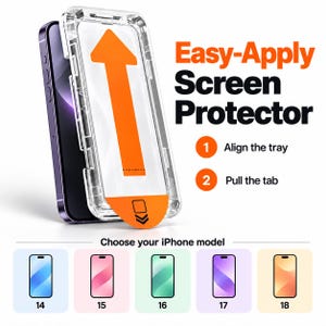 Pode incluir: Um smartphone com uma bandeja de instalação de plástico transparente com uma grande seta e aba laranja. Texto: Easy-Apply Screen Protector, 1 Align the tray, 2 Pull the tab. Cinco ícones coloridos representam os modelos de iPhone 14 a 18.