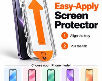 May include: A smartphone with a clear plastic installation tray featuring a large orange arrow and tab. Text reads: Easy-Apply Screen Protector, 1 Align the tray, 2 Pull the tab. Below, five coloured icons represent iPhone models 14, 15, 16, 17, and 18.