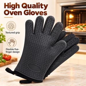 May include: A pair of black silicone oven gloves featuring a textured grip pattern and a flexible five-finger design. The text "High Quality Oven Gloves", "Textured grip", and "Flexible five-finger design" is visible on the product packaging.