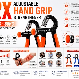 Può includere: Due rinforzatori per la presa manuale regolabili neri e arancioni con molle in metallo. Il testo recita 2X ADJUSTABLE HAND GRIP STRENGTHENER 5KG - 60KG. Include resistenza regolabile, impugnature ergonomiche e diagrammi dei muscoli.